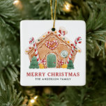 Waterverf Feestelijke Gingerbread House Christmas Keramisch Ornament<br><div class="desc">vrolijk kerstfeest | Deze aanpasbare kerstversiering voegt een feestelijk accent toe aan je kerstboom. Het beschikt over een aquarel feestelijke peperkoekhuis met snoepstokken,  pepermunt en snoepjes accent. Personaliseer door uw gegevens toe te voegen. Deze aangepaste kerst ornament is perfect als een gepersonaliseerd geschenk. Overeenkomende objecten zijn beschikbaar.</div>