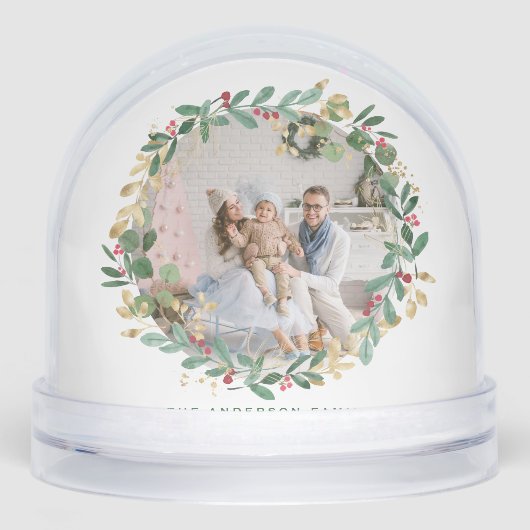 Waterverf Feestelijke Kerstkrans Familie Foto Sneeuwbol (Voorkant)