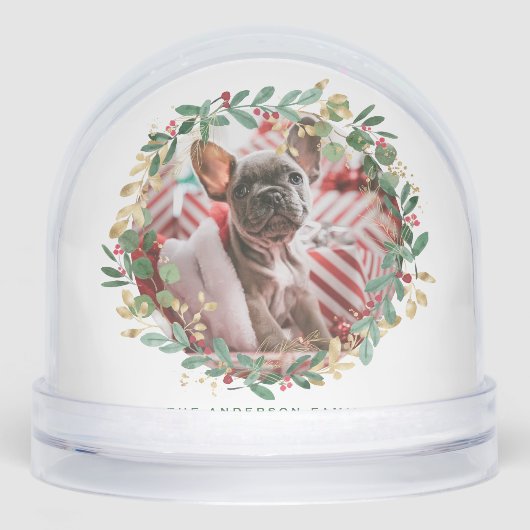 Waterverf Feestelijke Kerstkrans Pet Foto Sneeuwbol (Voorkant)