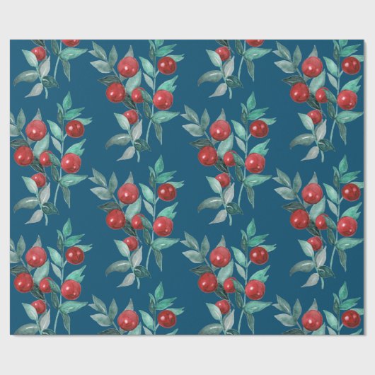 Waterverf feestelijke kerstrode bessen donkerblauw cadeaupapier (Vlak)