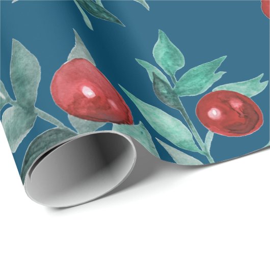 Waterverf feestelijke kerstrode bessen donkerblauw cadeaupapier (Rol Hoek)