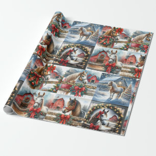 Waterverf Feestelijke Paarden Kerst Cadeaupapier
