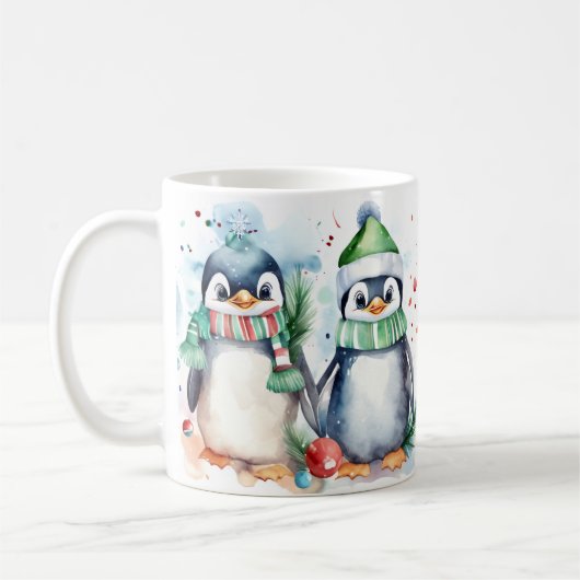 Waterverf Feestelijke Pinguïns Kerst Mok (Links)