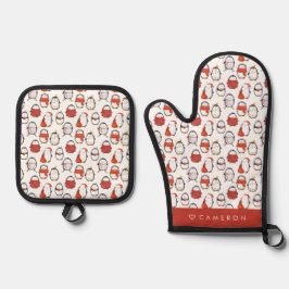 Waterverf Feestelijke Pinguïns Patroon Kerstmis Ovenwant & Pannenlap Set