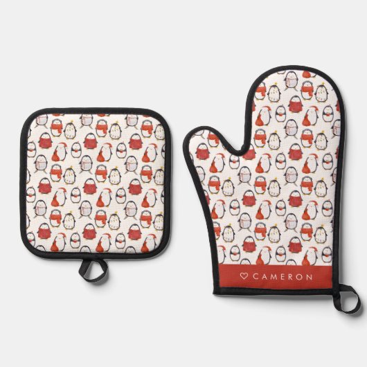 Waterverf Feestelijke Pinguïns Patroon Kerstmis Ovenwant & Pannenlap Set (Voorkant)