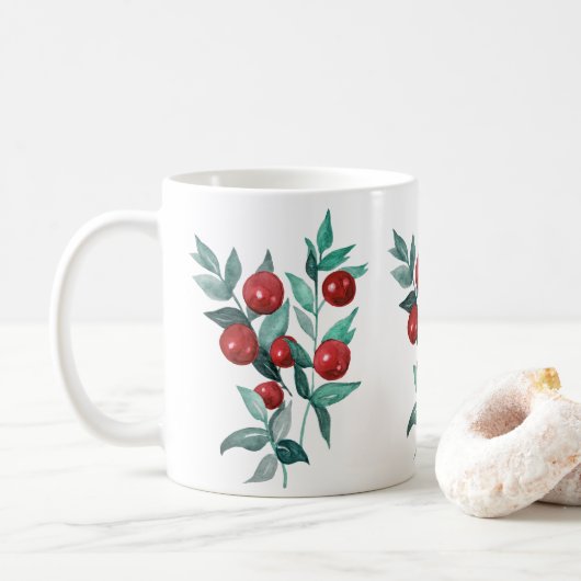Waterverf Feestelijke Rode Bessen Koffiemok (Met donut)