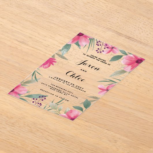 Waterverf fel roze gouden bloemen bruiloft acryl uitnodigingen (Laagn)