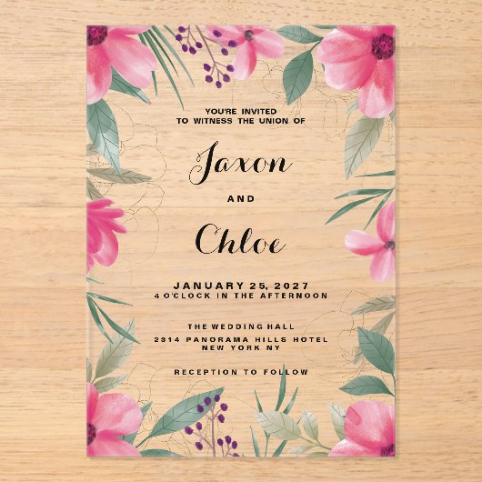 Waterverf fel roze gouden bloemen bruiloft acryl uitnodigingen (Voorkant)