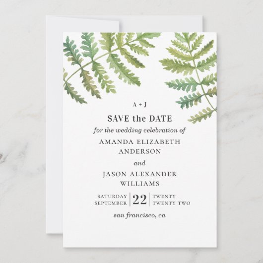 Waterverf fern. Woodland greenery foliage bruiloft Save The Date (Voorkant)