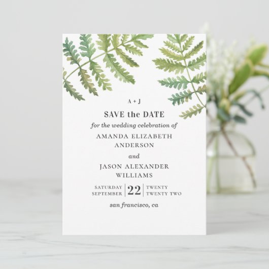 Waterverf fern. Woodland greenery foliage bruiloft Save The Date (Staand voorkant)