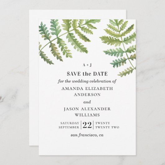 Waterverf fern. Woodland greenery foliage bruiloft Save The Date (Voorkant / Achterkant)