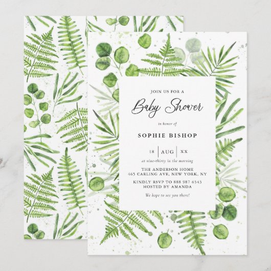 Waterverf Ferns en Eucalyptus Lijst Baby shower Kaart (Voorkant / Achterkant)