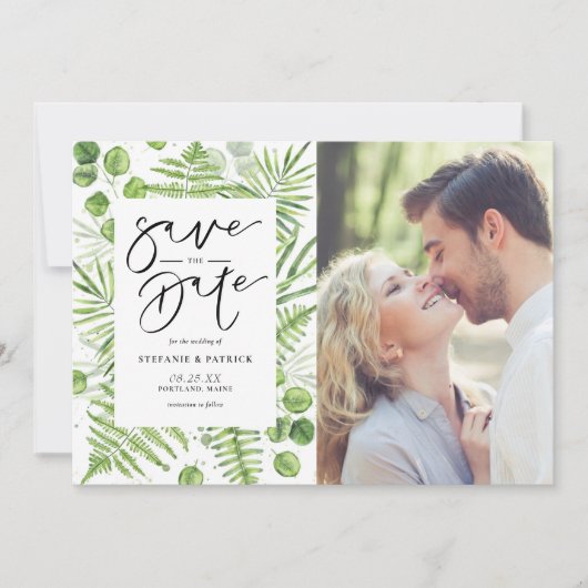 Waterverf Ferns en Eucalyptus Lijst Foto Save The Date (Voorkant)