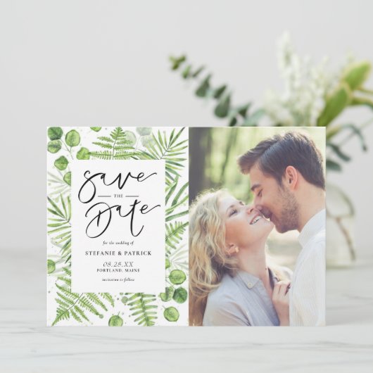 Waterverf Ferns en Eucalyptus Lijst Foto Save The Date (Staand voorkant)