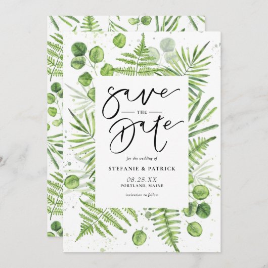 Waterverf Ferns en Eucalyptus Lijst Save The Date (Voorkant / Achterkant)