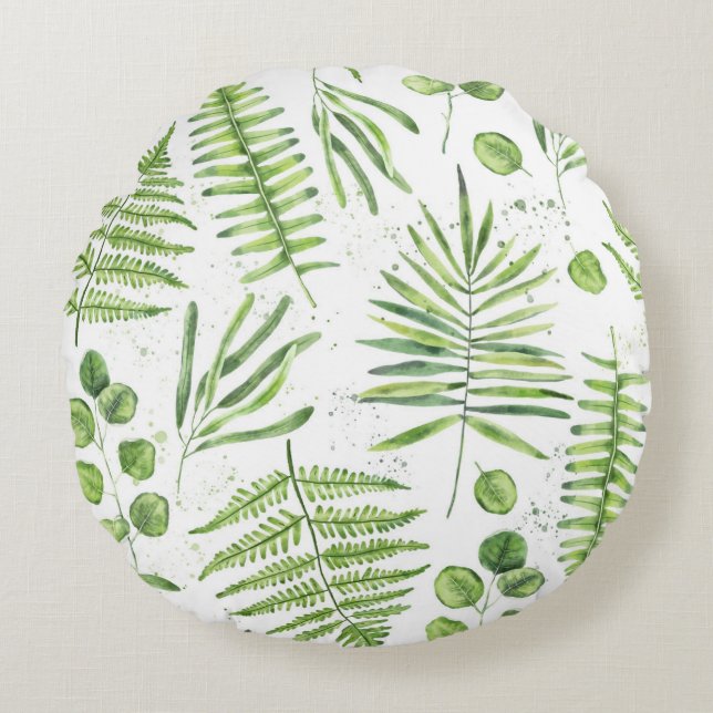 Waterverf Ferns en Eucalyptus Pattern Rond Kussen (Voorkant)