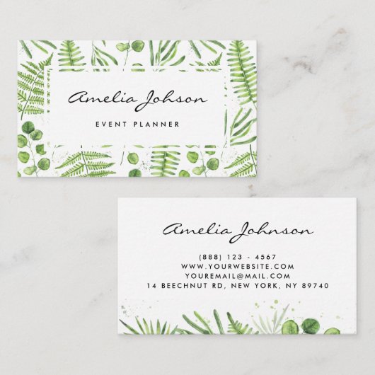 Waterverf Ferns en Eucalyptus Pattern Script Visitekaartje (Voorkant / Achterkant)
