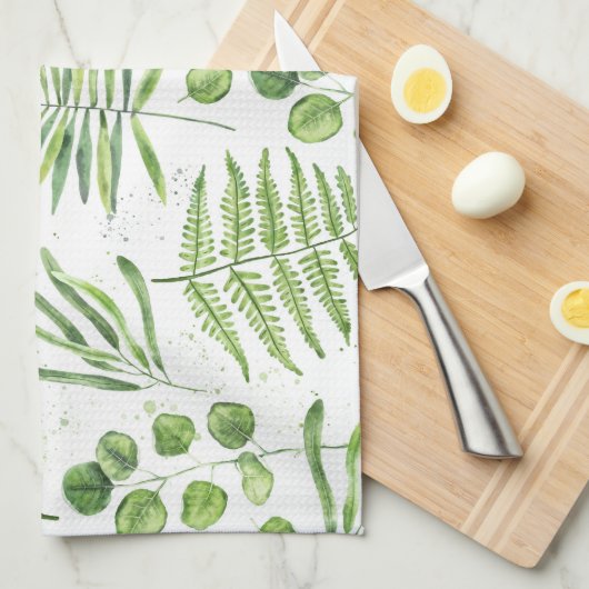 Waterverf Ferns en Eucalyptus Pattern Theedoek (Quarter Fold)