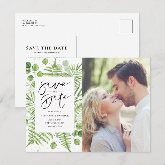 Waterverf Ferns & Eucalyptus Foto opslaan Datum Aankondigingskaart (Voorkant / Achterkant)