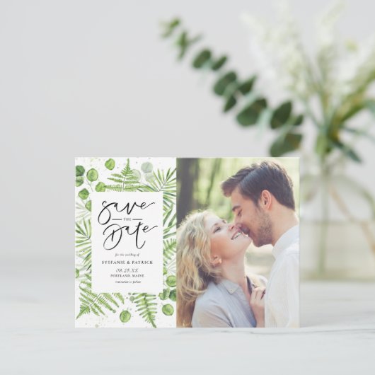 Waterverf Ferns & Eucalyptus Foto opslaan Datum Aankondigingskaart (Staand voorkant)