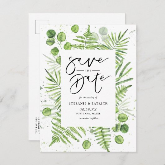 Waterverf Ferns & Eucalyptus Lijst Opslaan Datum Aankondigingskaart (Voorkant / Achterkant)