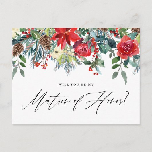 Waterverf Festive Floral Garland Matron of Honor Aankondigingskaart (Voorkant)
