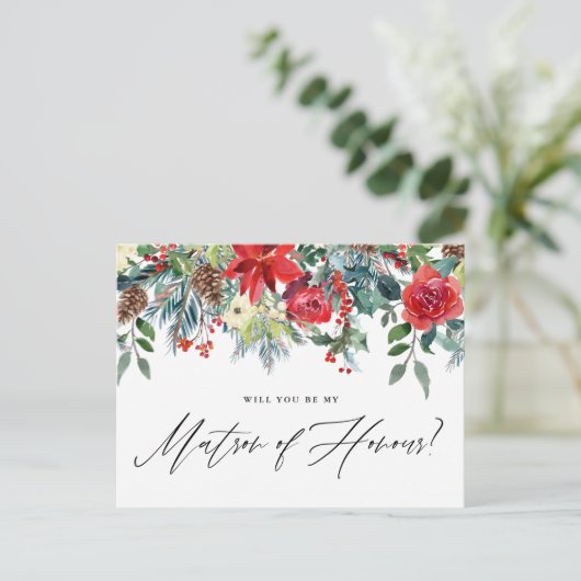 Waterverf Festive Floral Garland Matron of Honor Aankondigingskaart (Staand voorkant)