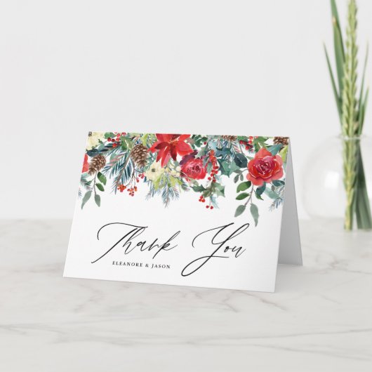 Waterverf Festive Floral Garland Winter Wedding Bedankkaart (Voorkant)