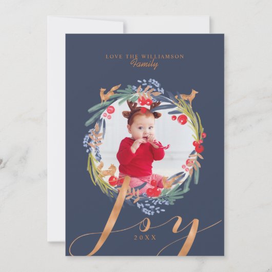 Waterverf Festive foliage Wreator & Fox foto Feestdagenkaart (Voorkant)