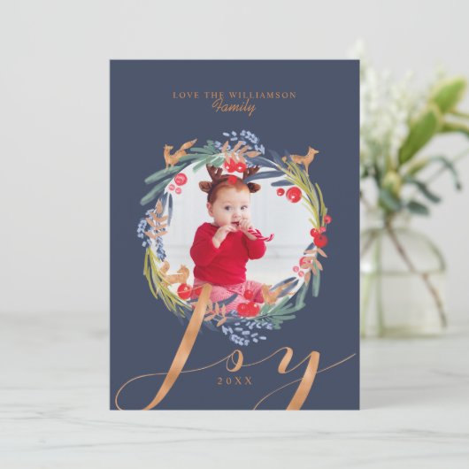 Waterverf Festive foliage Wreator & Fox foto Feestdagenkaart (Staand voorkant)