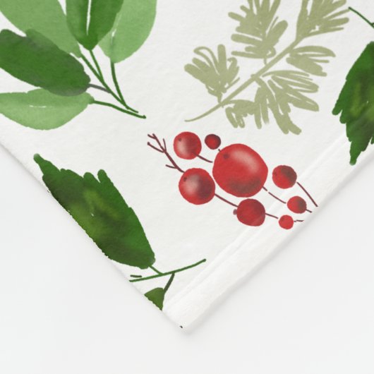 Waterverf Festive Red Berry Holly verlaat het patr Fleece Deken (Hoek)