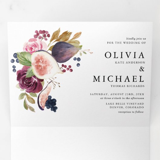 Waterverf Figs and Autumn Flowers Wedding Drieluik Uitnodiging (Binnenzijde eerst)