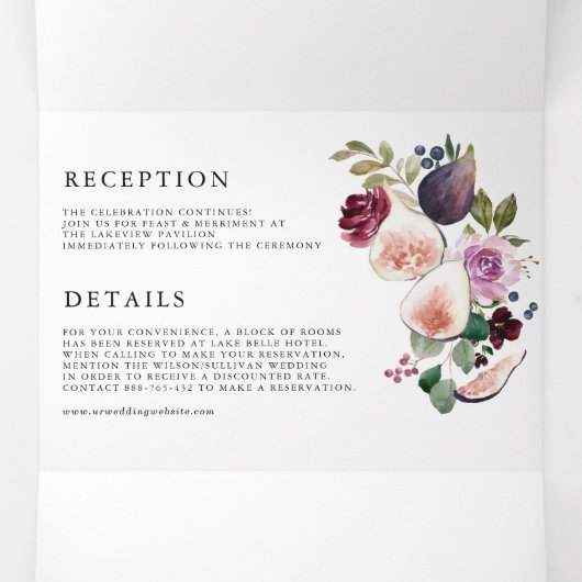 Waterverf Figs and Autumn Flowers Wedding Drieluik Uitnodiging (Binnenkant midden)