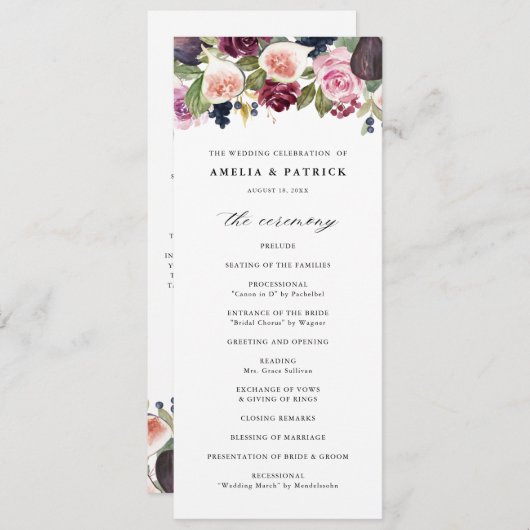 Waterverf figuren en paarse bloemen vallen rond programmakaart (Voorkant / Achterkant)