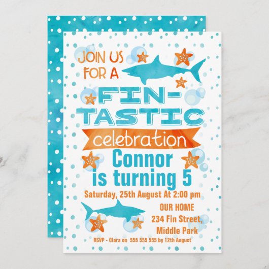Waterverf Fin-tastic Shark Birthday Invitation Kaart (Voorkant / Achterkant)