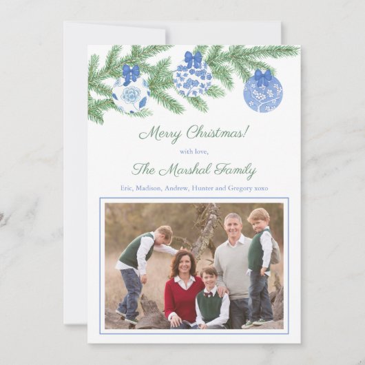 Waterverf Fir Tree Blue White Xmas Baubles Feestdagenkaart (Voorkant)