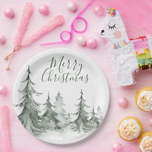 Waterverf Fir Trees Winter, kerstfeest Papieren Bordje (Feest)