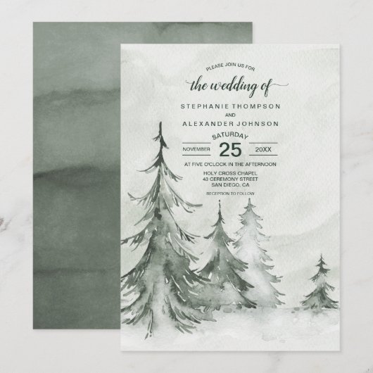 Waterverf Fir Trees Winter Wedding Kaart (Voorkant / Achterkant)