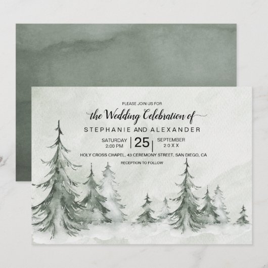 Waterverf Fir Trees Winter Wedding Kaart (Voorkant / Achterkant)