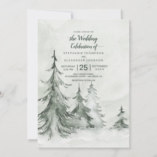 Waterverf Fir Trees Winter Wedding Kaart (Voorkant)