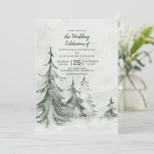 Waterverf Fir Trees Winter Wedding Kaart (Staand voorkant)