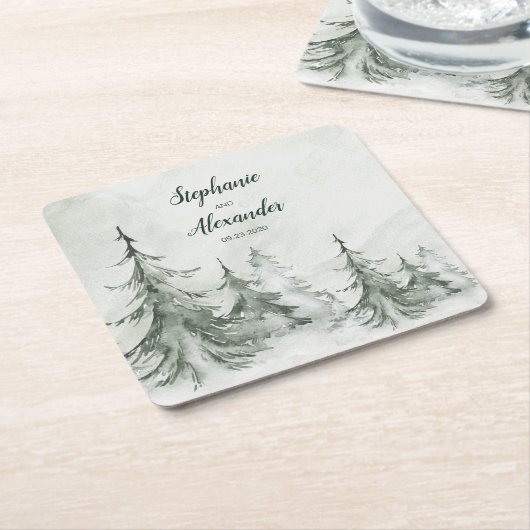 Waterverf Fir Trees Winter Wedding Kartonnen Onderzetters (Schuin)