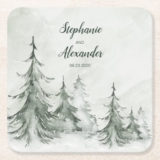 Waterverf Fir Trees Winter Wedding Kartonnen Onderzetters (Voorkant)