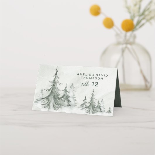 Waterverf Fir Trees Winter Wedding Place Card Plaatskaartje (Voorkant)