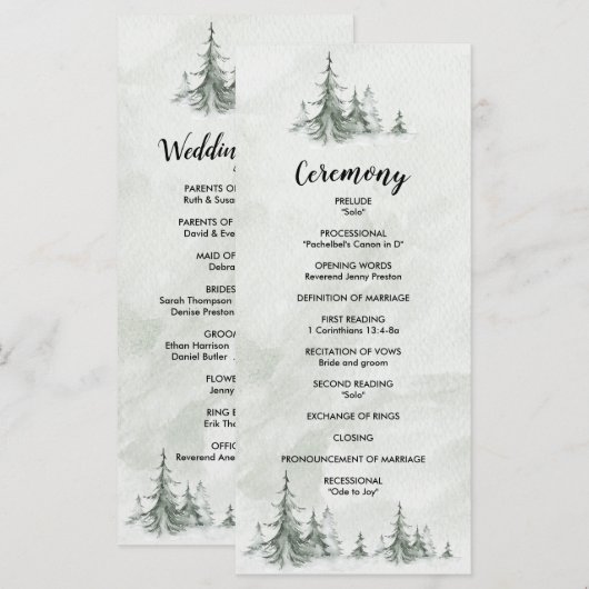 Waterverf Fir Trees Winter Wedding Programmakaart (Voorkant / Achterkant)