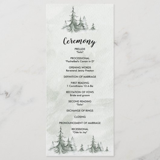 Waterverf Fir Trees Winter Wedding Programmakaart (Voorkant)