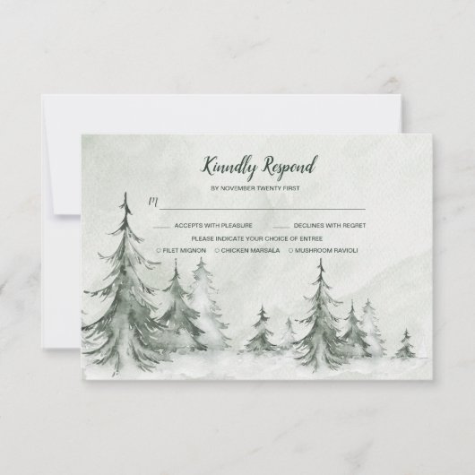 Waterverf Fir Trees Winter Wedding RSVP Kaartje (Voorkant)
