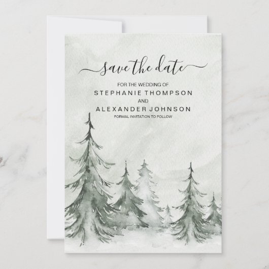 Waterverf Fir Trees Winter Wedding Save The Date (Voorkant)