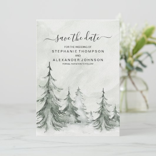 Waterverf Fir Trees Winter Wedding Save The Date (Staand voorkant)