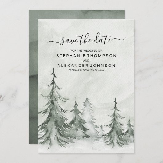Waterverf Fir Trees Winter Wedding Save The Date (Voorkant / Achterkant)